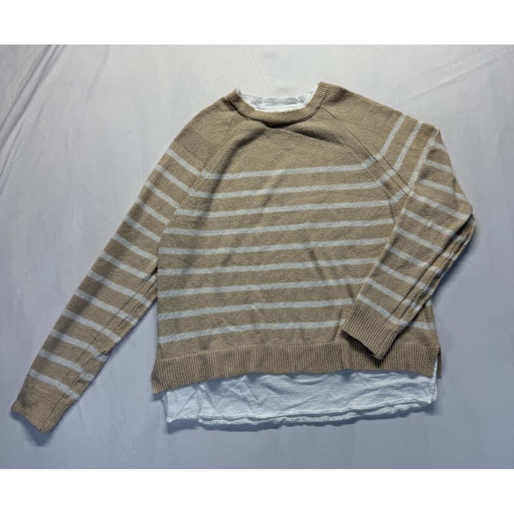 Design History Layered Sweater Womens Medium Tan White Striped Tight Knit Ribbed